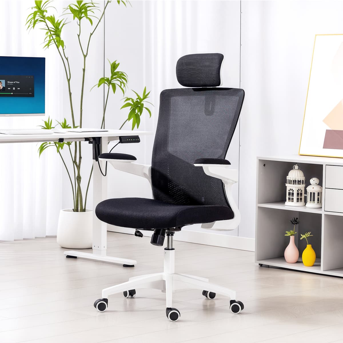 Homcom Sedia da ufficio ergonomica, poltrona da ufficio, braccioli ribaltabili, supporto lombare, poggiatesta, 60x63x120cm, nero   Aosom Italy