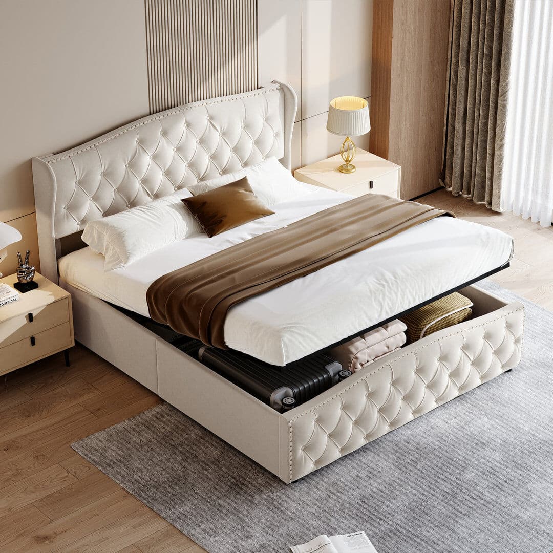 Harriet Bee Velvet Upholstered Platform Ottoman Bed Frame with Wingback and Nailhead Trim Beige European King (160 x 200 cm)