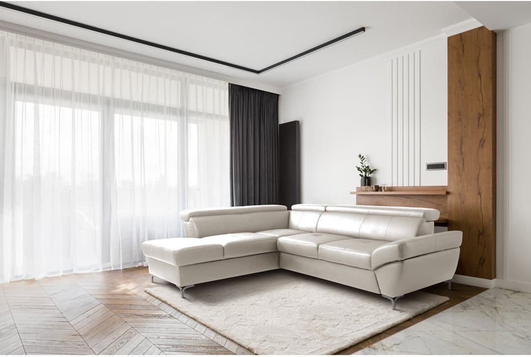 Ivy Bronx CAPRI Genuine Leather Corner Sofa with Pull-Out Bed and Storage and Adjustable Headrests Beige 93cm H X 256cm W X 210cm D