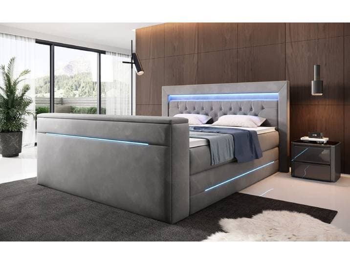 Boxspringbett Neptun mit TV Lift und RGB - 180x200 - Grau - H3 (70-100kg) - Luxusbetten24