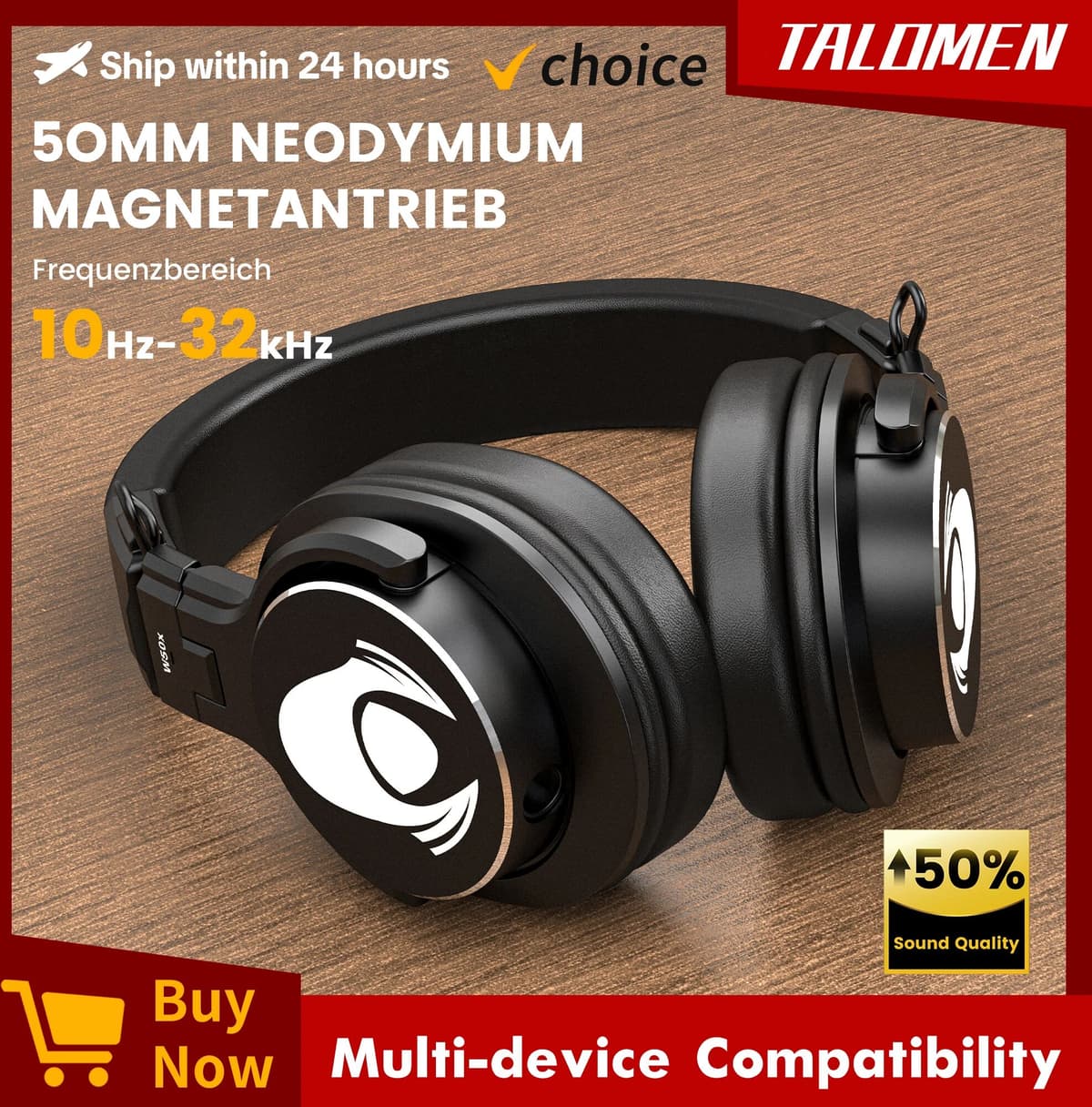 Talomen W50x Corded Studio Headphones, Stereo Professional DJ Headphones, Over-Ear Monitor Headphones with Detachable Cable