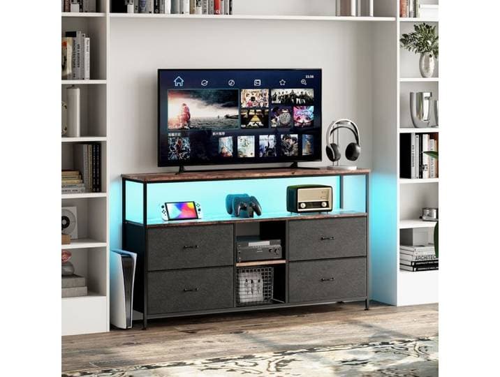 Noir Meuble TV en Bois avec Cadre Métallique - 108x30x76.8 cm - 4 Tiroirs LED Réglable Style Rétro