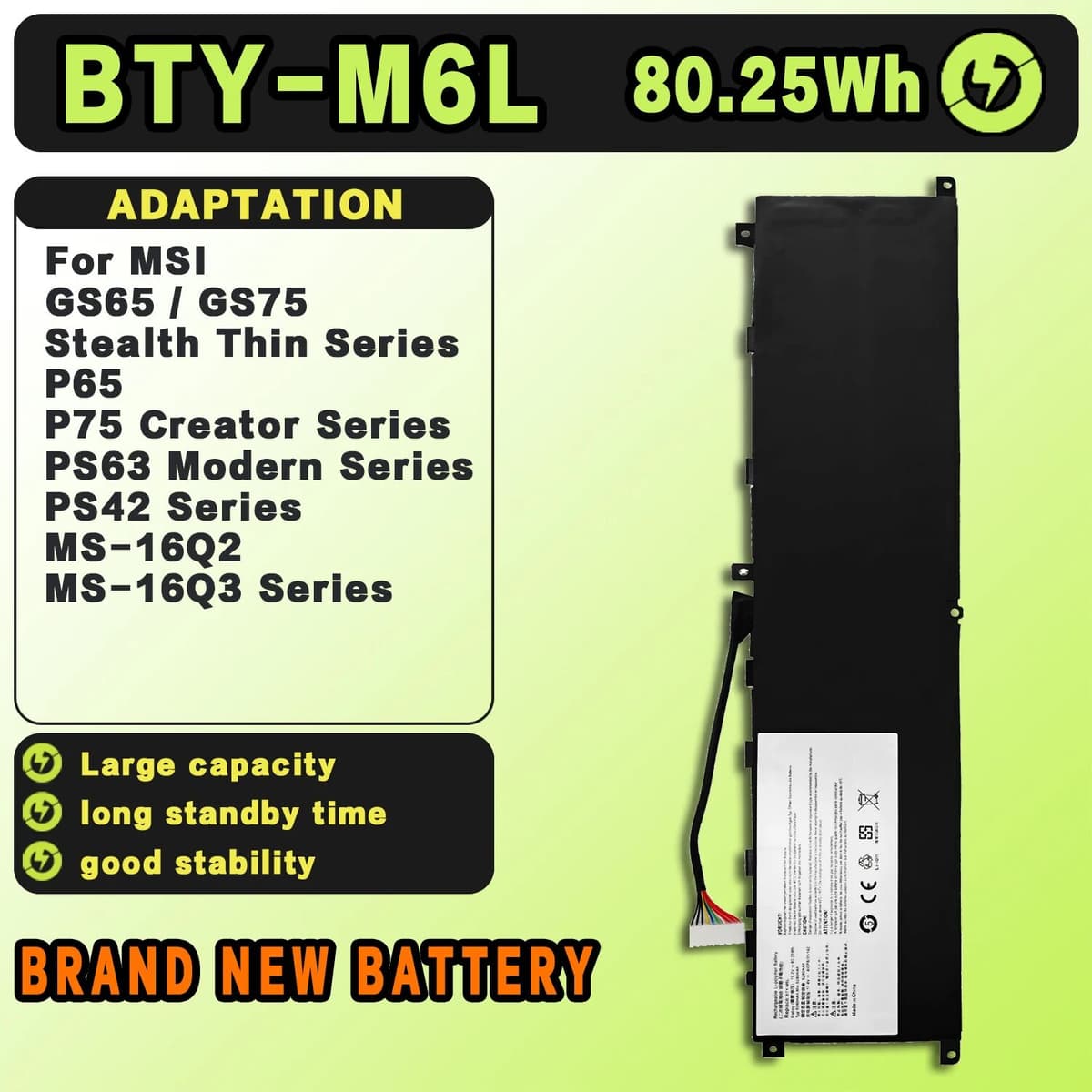 SAT BTY-M6L  Laptop Batteries Replacement For MSI GS65 GS75 Stealth Thin P65 P75 Creator PS63 PS42 8RF 9RE 15.2V-80.25Wh