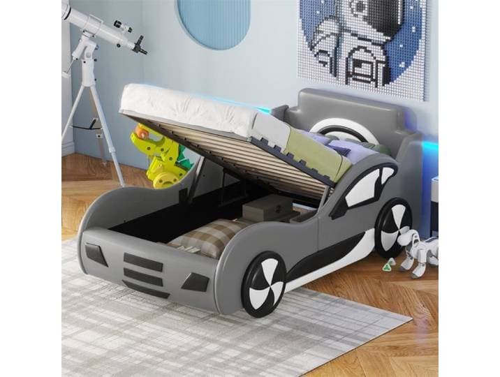 DRIPEX Lit Voiture 90 x 200cm pour enfants Lit enfant coffre avec espace de rangement Lit en forme voiture Gris