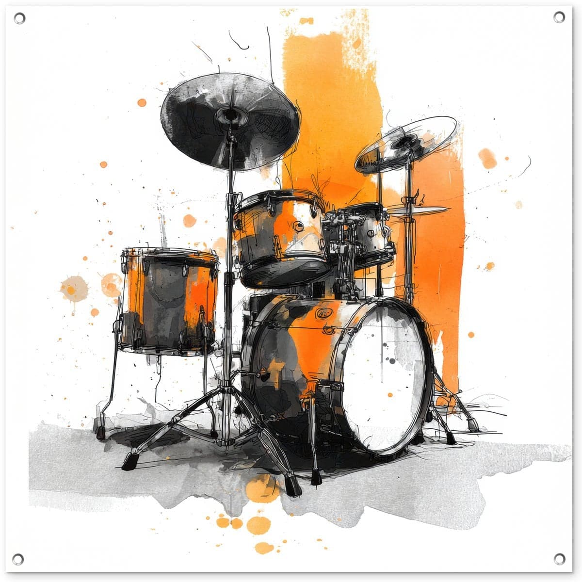Tuinposter Drumstel Aquarelverf - Oranje en Zwart - 100 x 100 cm