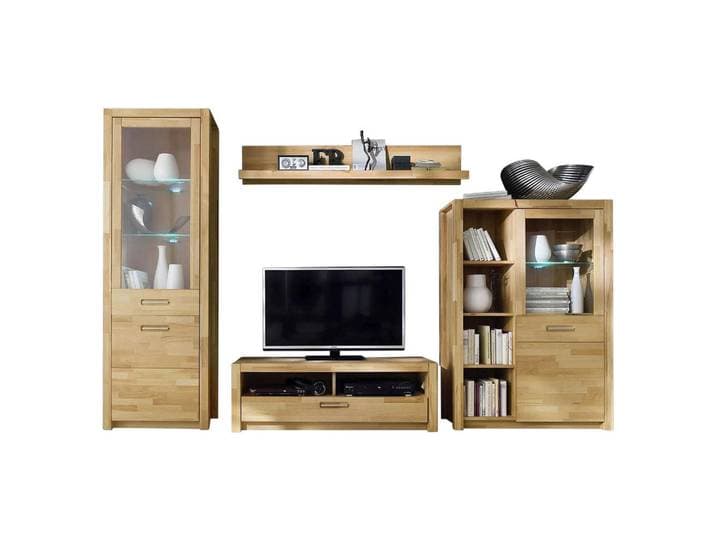 Mid.you Wohnwand, Buchefarben, Holz, Kernbuche, massiv,massiv, 8 Fächer, 2 Schublade(n) Schubladen, 309x203x46 cm, Made in EU, Beimöbel erhältlich, Beleuchtung, Wohnzimmer, Wohnwand, Komplette Wohnwand