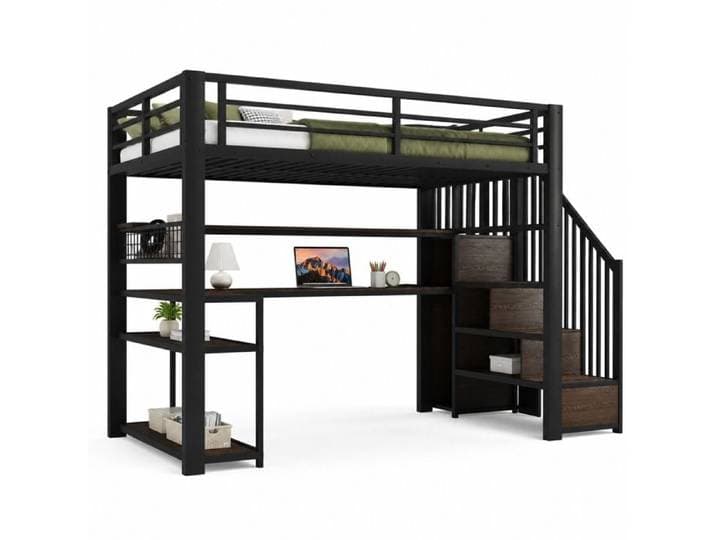Lit mezzanine métal 90x200 avec LED RGB bureau intégré dressing et échelle de rangement noir FOLYNA