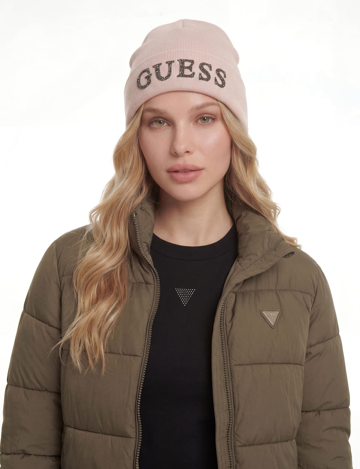 Strickmütze GUESS "BEANIE", Damen, Gr. M, stone, Strick, Materialmix, unifarben, Mützen Strickmütze, mit verziertem Logoschriftzug stone M