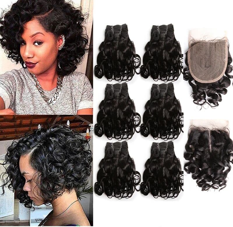 htonicca Brazilian Human Hair Curly Bundles With Closure 8-12 inch Short Bouncy Curly Bundles With Closure 4x1 T Part Lace Closure
