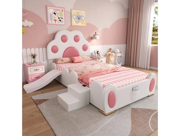 Lit rembourré de princesse rose mignon de dessin animé, 90x200cm, avec toboggan pour enfants et une échelle à deux étages, pour chambre de filles