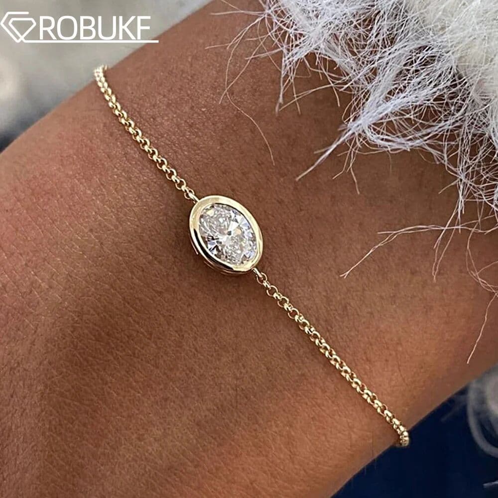 ROBUKF 1CT 2CT Bezel Set Oval Cut Solitaire Moissanite Diamond Link Bracelet for Women 15cm-20cm Adjustable Chain S925 Silver Jewelry