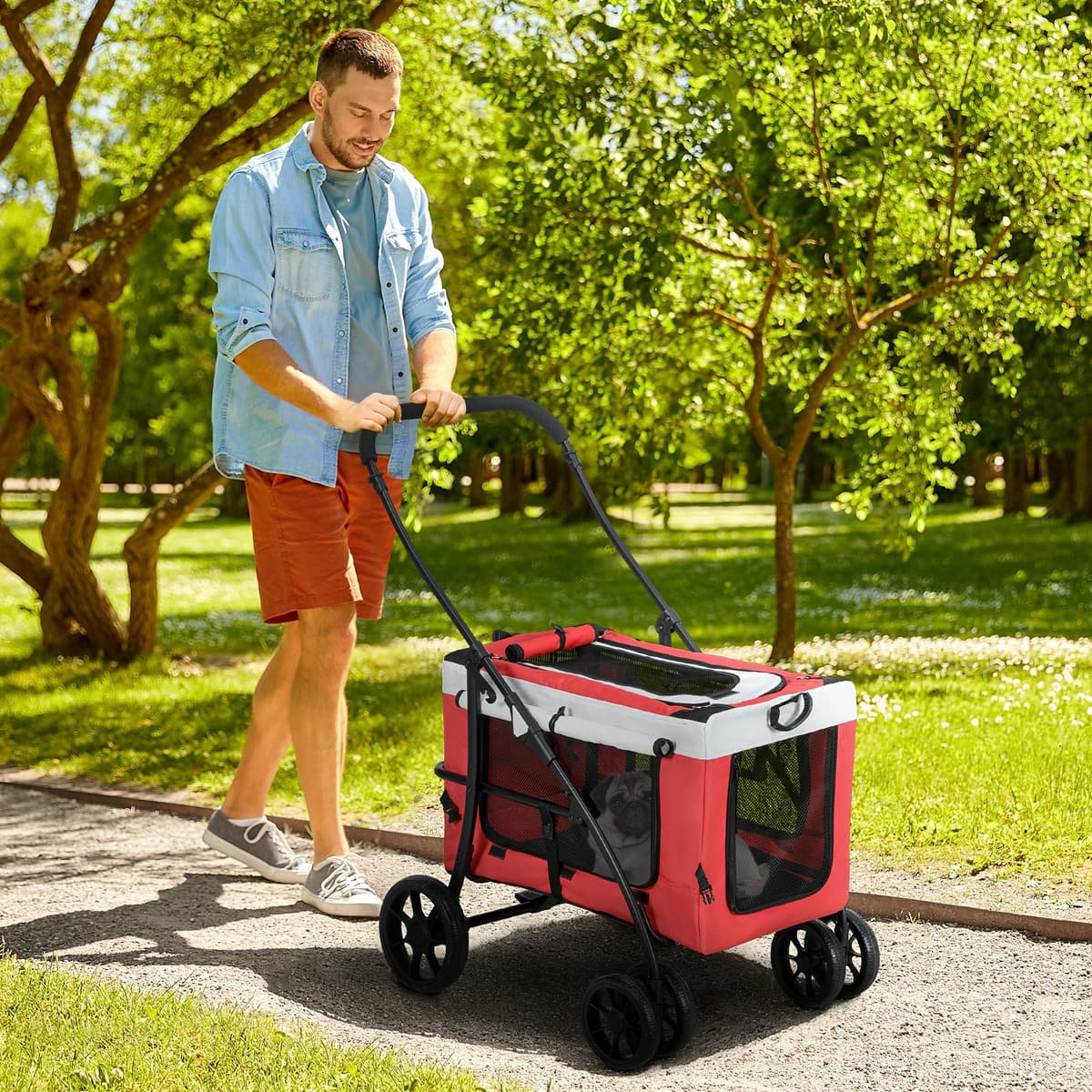 Pawhut Passeggino per Cani Taglia Piccola e Mini con 2 Guinzagli e Custodia Portaoggetti, 81x58x97.5 cm Aosom