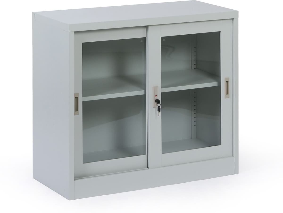 B2B Partner Metalowa szafka z półkami i szklanymi przesuwanymi drzwiami, zdemontowana, 900 x 800 x 400 mm