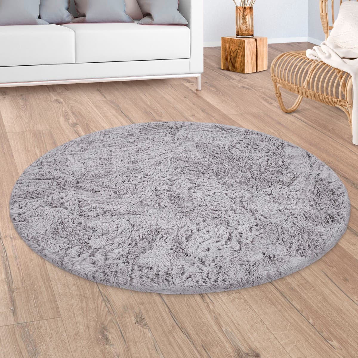 Hochflor-Teppich PACO HOME "Silky 591", silber (silberfarben), H:37mm Ø:80cm, Polyester, Teppiche, Hochflor-Teppich, Uni-Farben, besonders weich und kuschelig, Wohnzimmer silberfarben Ø 80cm 1 Stk., 37mm, Ø 80cm