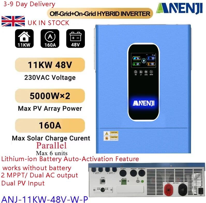 ANENJI 11KW 48V Parallel Hybrid Solar Inverter 220V Pure Sine Off Grid Tie Dual PV Input 2 MPPT 160A Solar Charger PV 500V Wifi
