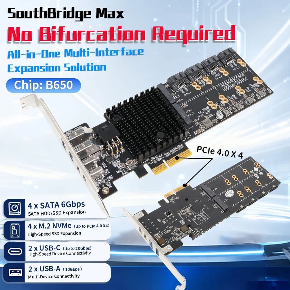 Lekuo SouthBridge Max No Bifurcation PCIe 4.0 to 4 M.2 NVMe SSD Adapter Card 4 SATA 6G 20G USB-C Riser Expansion for PC NAS