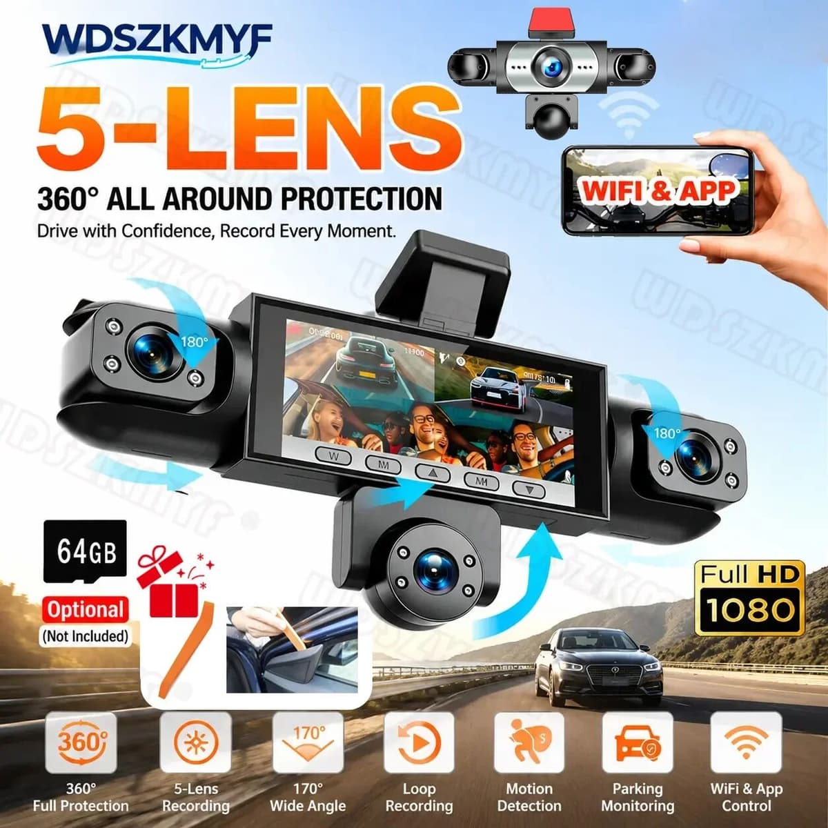 WDSZKMYF 5Camera Dash Cam WIFI 24H 360° Rotatable Car Camera 1080P HD Parking Monitoring Motion Detection Night Vision for Vehicle SUV