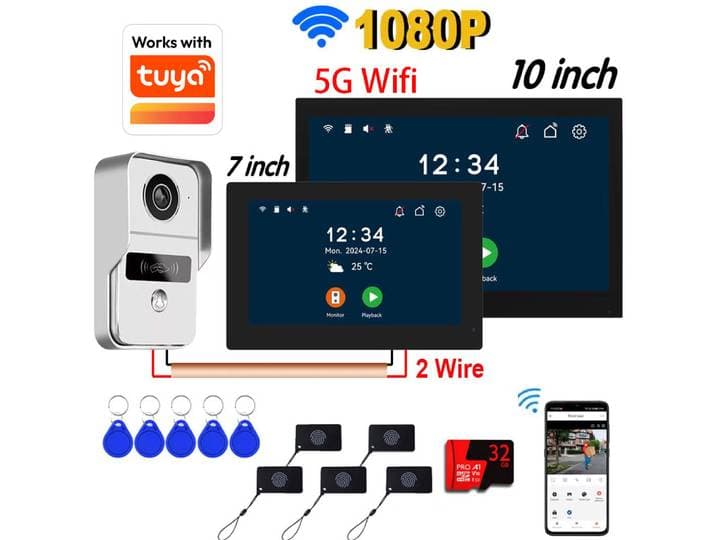 Système d'interphone vidéo HD 1080P à 2 fils, moniteur tactile 7/10 pouces, interphone WiFi, sonnette de porte, application Tuya Smart Life