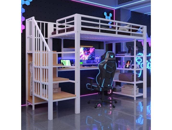Lit mezzanine 90x200 blanc métal avec bureau rangements LED et prises