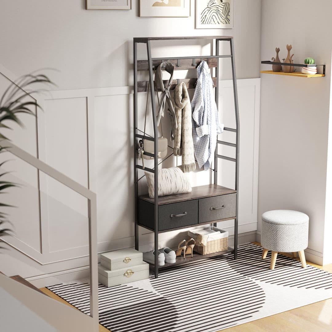 Borough Wharf HOMCOM Coat Rack with Shoe Storage, Bench and 10 Hooks Grey 180cm H X 80cm W X 30cm D