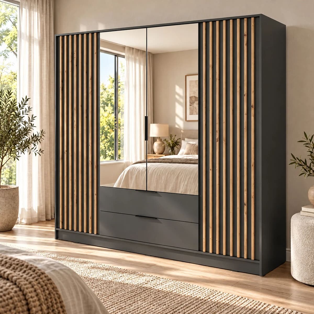 garneroarredamenti Armadio 206x200h cm 4 ante con specchio antracite quercia Miller