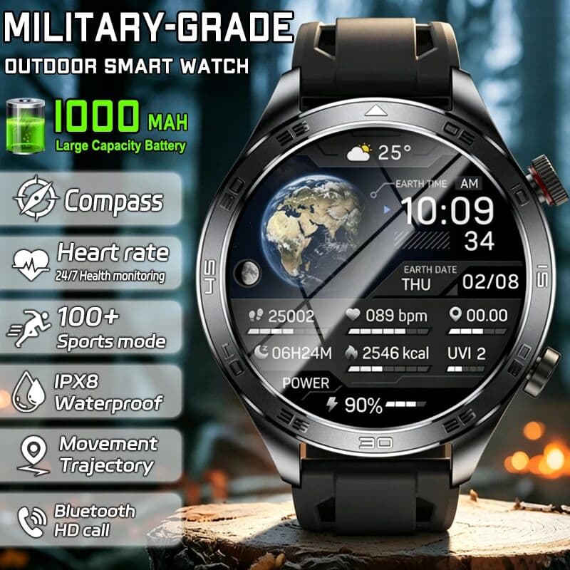 BOXUXING GPS Track Smart Watch Men Heart Rate Sports Fitness Tracker Compass IPX8 Waterproof Call AMOLED Screen Military Smartwatches