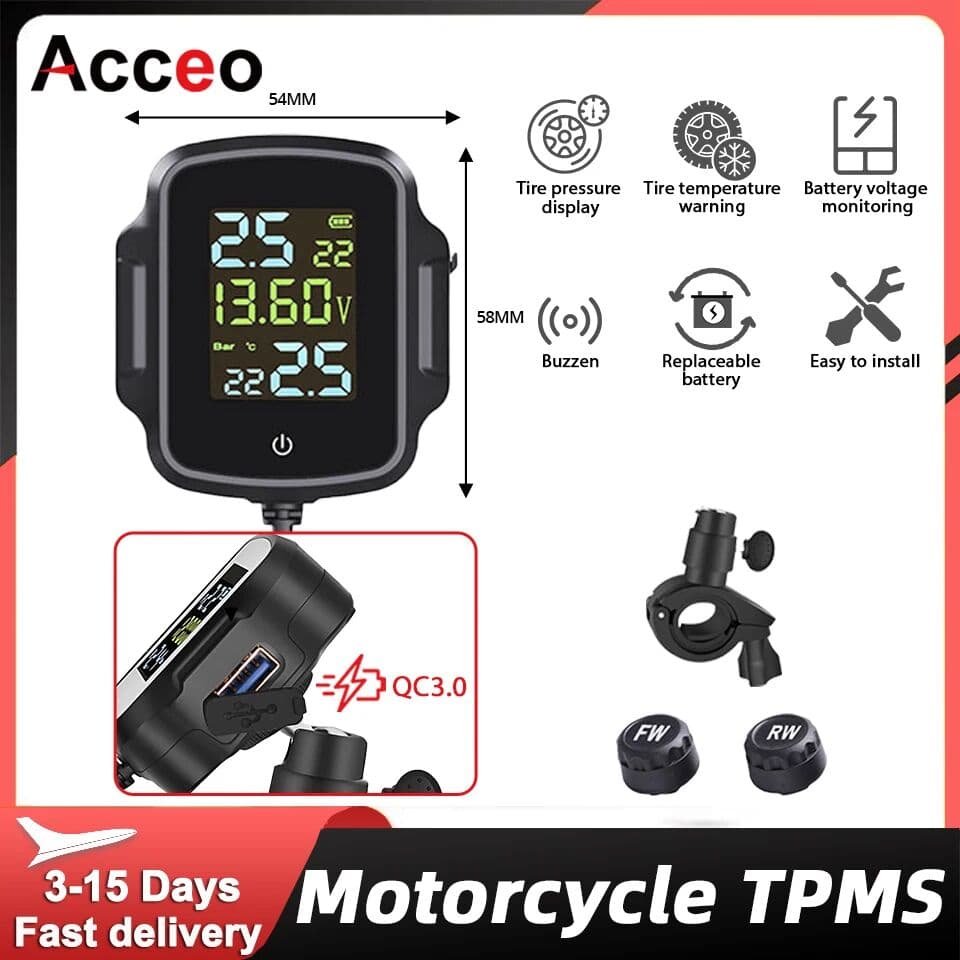 ACCEO TPMS Motorcycle Tire Pressure Monitoring System With 2 Exteral Sensors Smart Tyre Alarm Universal Motorbike Accessories