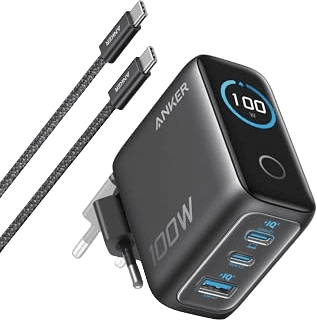 eufy Anker Ladegerät (100W, 3 Ports, Smart Display) mit USB-C Kabel Schwarz