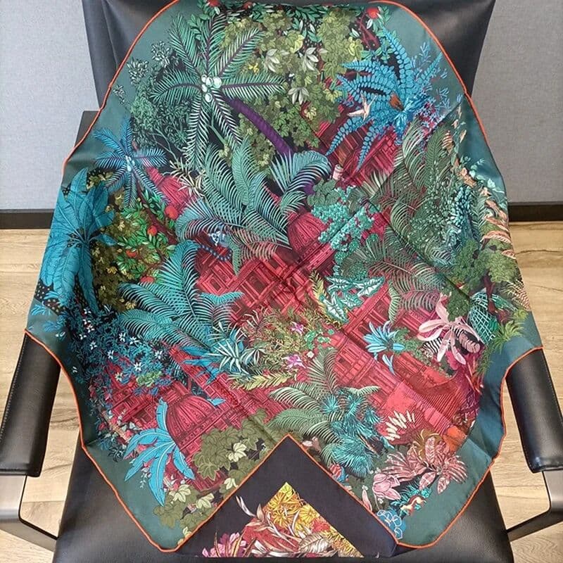SKWJX 2 Side Print 100% Real Silk Scarf Neckerchief Classic Garden Prints Women Top Grade Silk Wraps Shawl Foulard 88*88cm