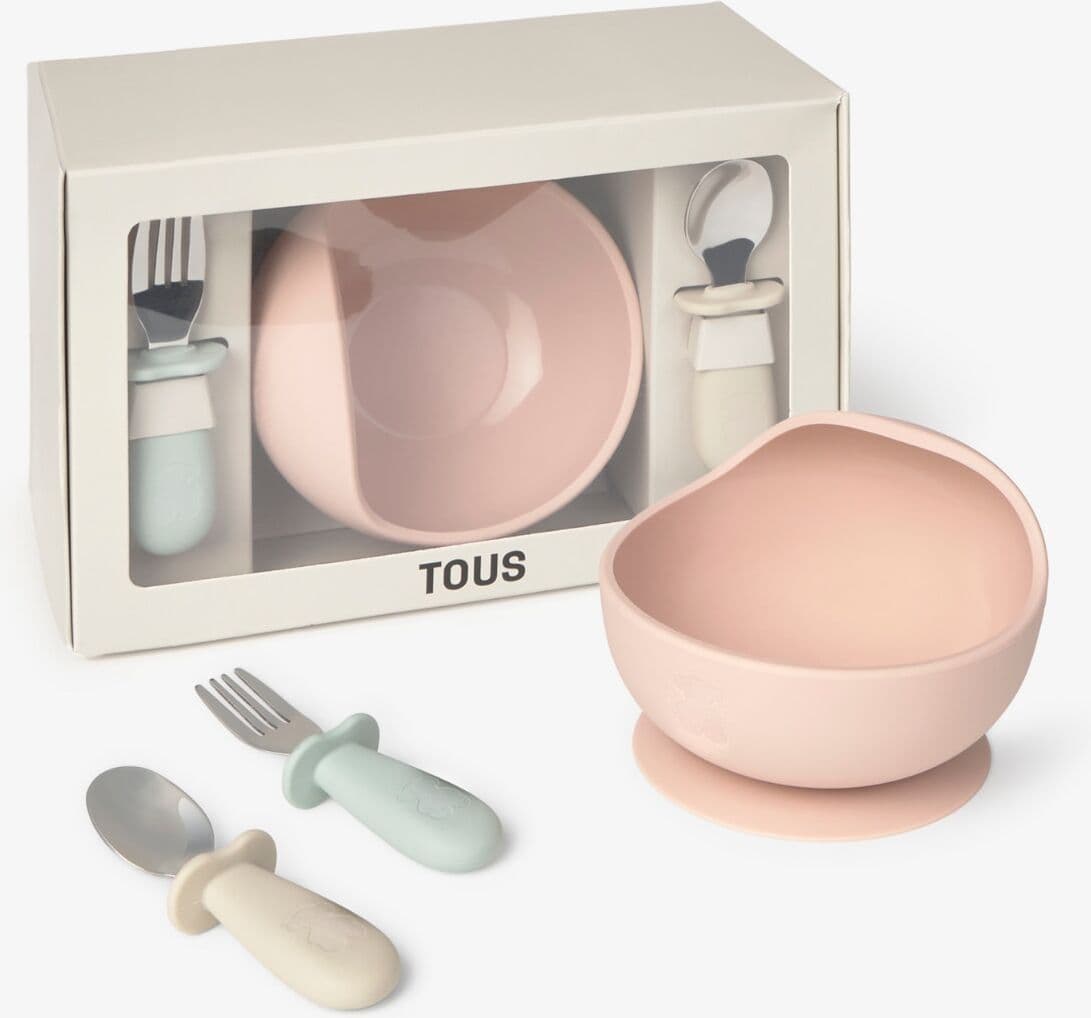 Tous Set de boy y cubiertos baby de silicona y acero inox. Rosa
