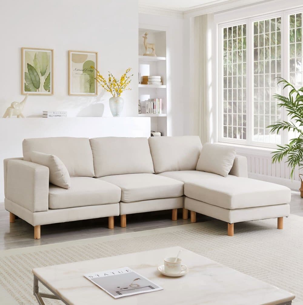 OKWISH Sofá rinconero beige de poliéster con reposapiés 235x152x78 cm