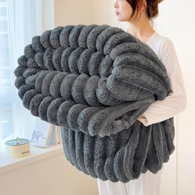 Inspire Select Thickened Solid Color Striped Coral Fleece Blanket For Bed, Sofa, Nap, And Pet Use, Soft Warm Winter Polyester Throw deep Blue 70.9 X 78.7 In