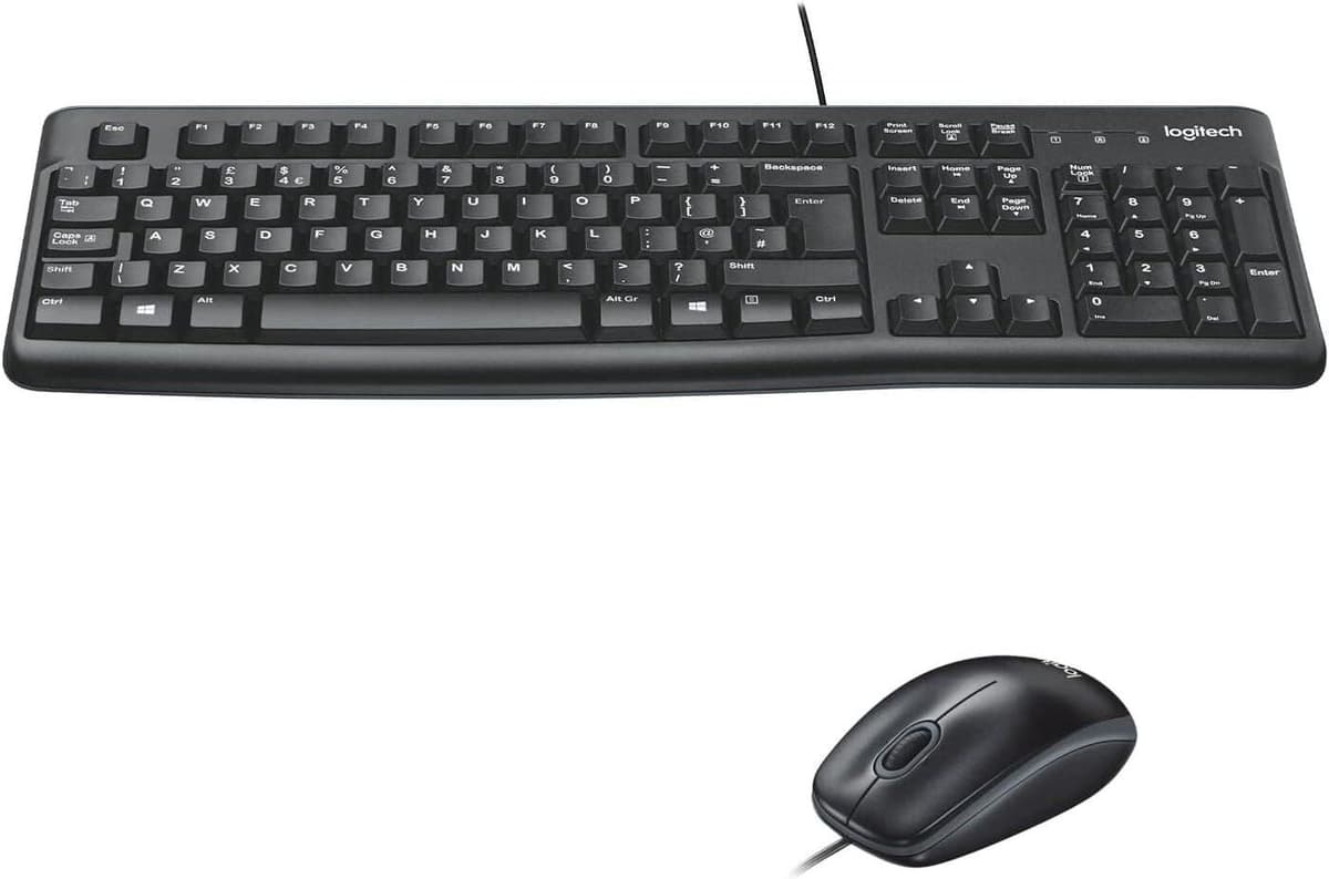 Logitech MK120 Wired Keyboard and Mouse Combo for Windows, Optical Wired Mouse, Full-Size Keyboard, USB Plug-and-Play, Compatible with PC, Laptop, QWERTY UK English Layout - Black, New