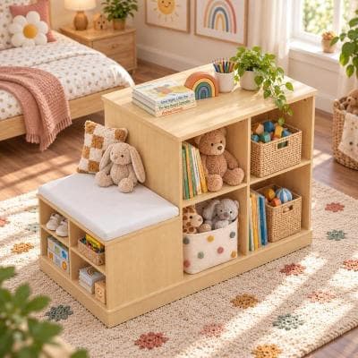 Timechee Double-Sided Kids Reading Nook Book,Cubby Storage Bookshelf with Bench,Cushioned Seat & Open Shelves