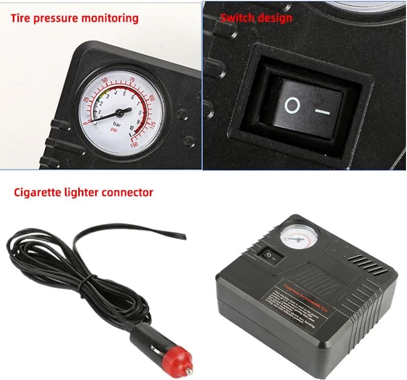 PolarLander Car Emergency Auto Air Pump DC 12V Tire Inflator Tool Pressure Gauge Cigarette Lighter Connector Compact & Portable