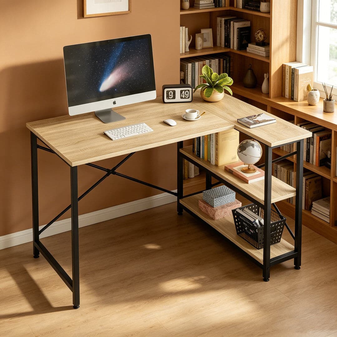 Borough Wharf L-Shaped Desk (120 or 140cm x 90cm) Corner Desk with Adjustable Shelves by Aliff Oak 74cm H x 120cm W x 90cm D