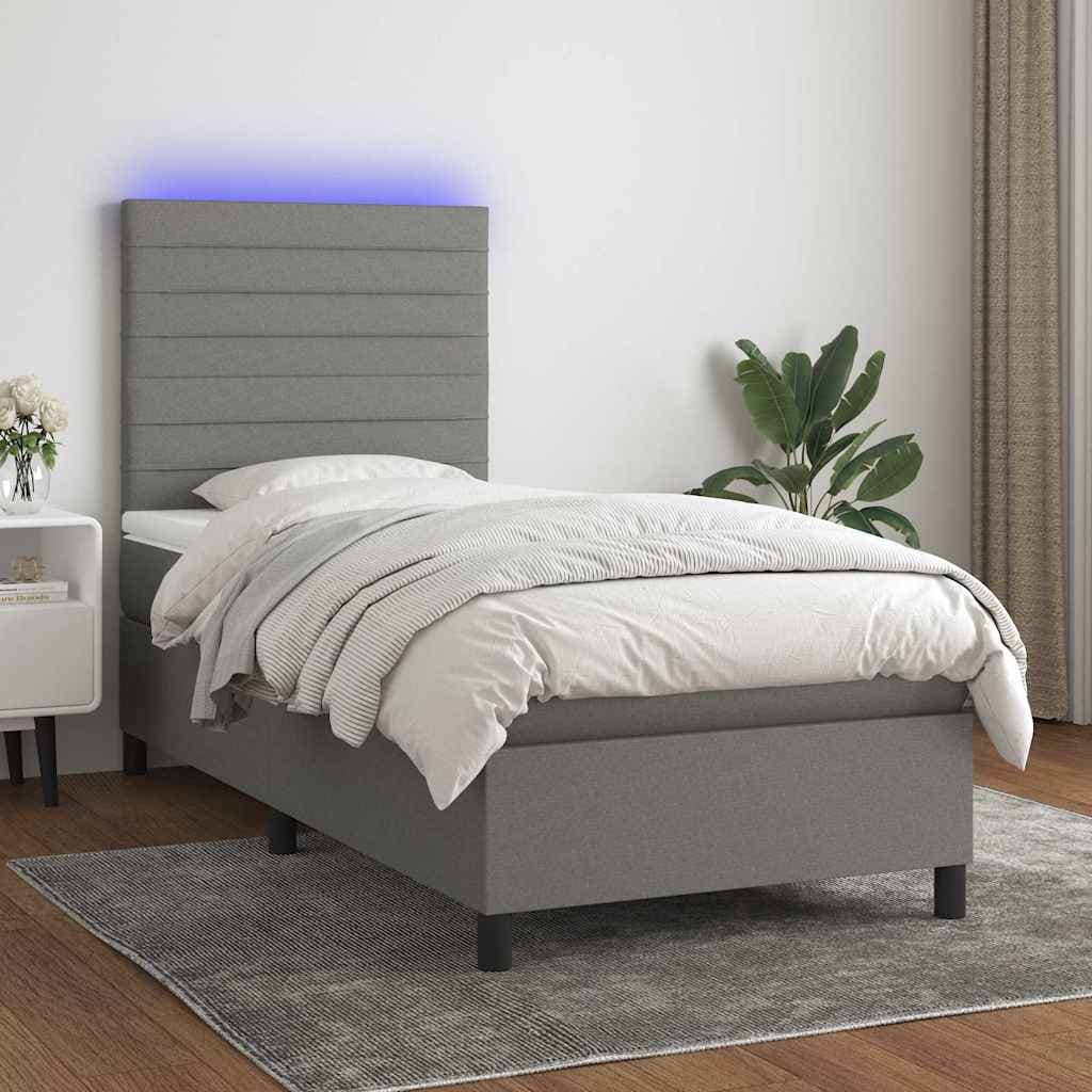 vidaXL Cama box spring colchón y luces LED tela gris oscuro 90x200 cm Gris