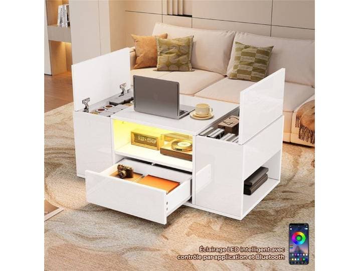 Table Basse Blanche Brillante avec LED Lumière Contrôle par Appli Table Basse Moderne avec Armoires Rangement Tiroir 100x50x40 cm