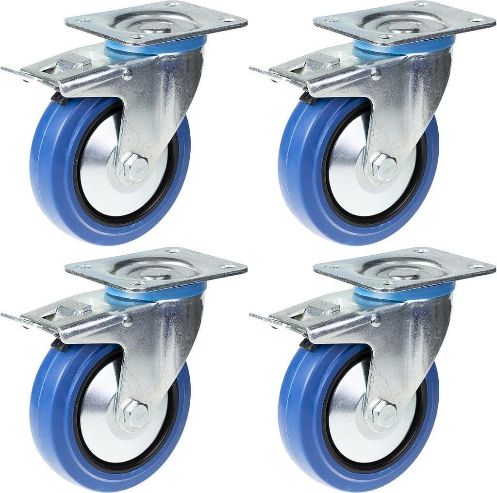 Parnells Set van 4 Blauwe Rubberen Zwenkwielen met Rem, 125 mm, Draagvermogen 800 kg