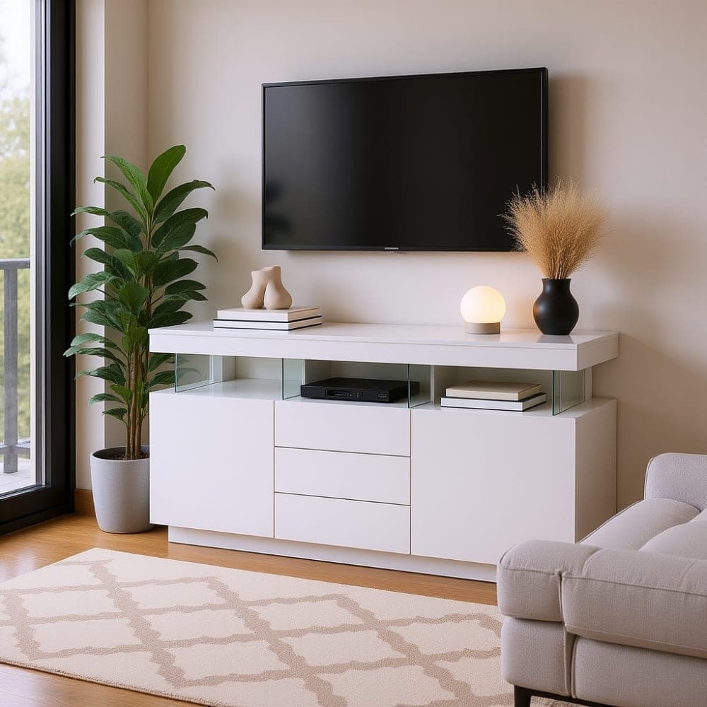 Urban Meuble Mueble de TV LED de diseño blanco con almacenamiento y cajones