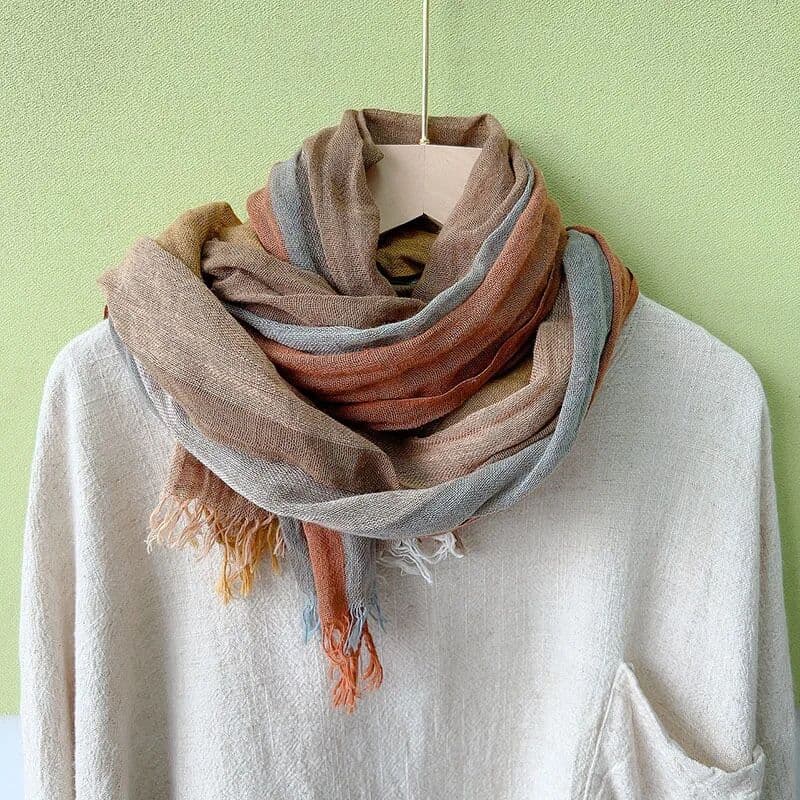 Johnature    Thin Cotton Linen Striped Scarf Four Seasons Versatile Soft Neck Guard Silk Scarf Women's Travel Shawl Scarf