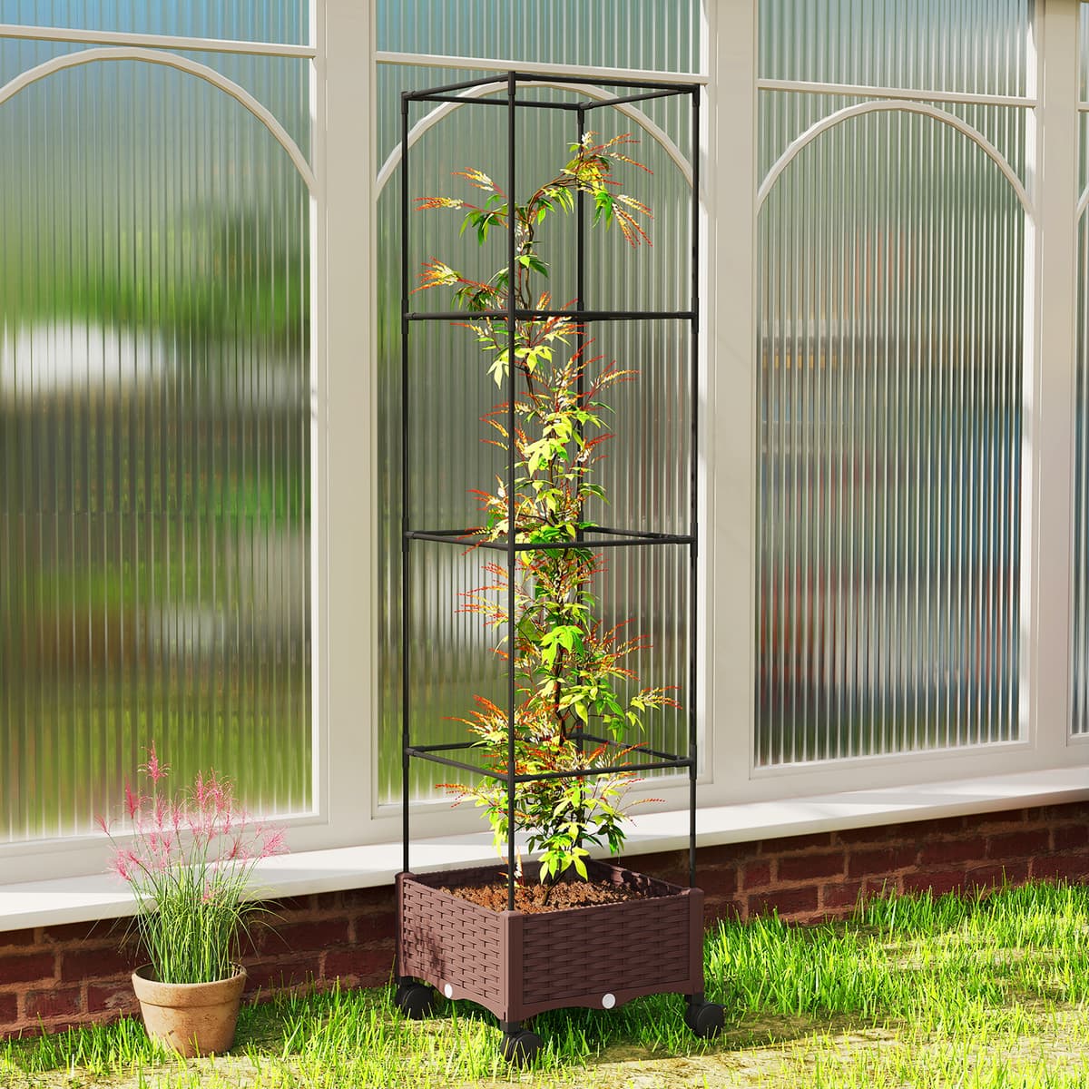 Outsunny Fioriera Rialzata con Traliccio 20L, Letto per Orto Rialzato da Esterno con Ruote Bloccabili, Sistema di Autoirrigazione, Fori di Drenaggio per Piante Rampicanti, Verdure e Fiori, Marrone   Aosom Italy