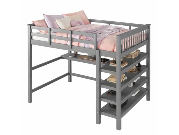 Stilvora Hochbett 140/200 cm in Grau mit Schreibtisch und Ablagefächern aus Kiefernholz und MDF im minimalistischen Design, Holz, 140x200 cm, Babymöbel & Kindermöbel, Kinderzimmer & Jugendzimmer, Kinderbetten, Hochbetten