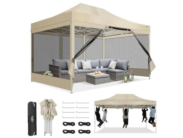 Faltpavillon 3x4,5 m mit Moskitonetz, wasserdicht, UV-Schutz 50+, höhenverstellbar, 4 Seitenwände, 420D Oxford, Khaki