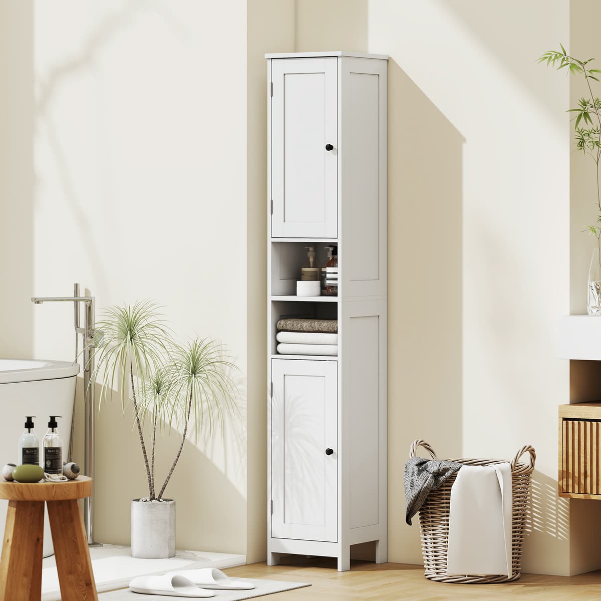 Homcom Mobile Alto Bagno con 2 Ripiani Aperti e 2 Armadietti con Scaffali Regolabili, in Legno, 30x30x170 cm, Bianco   Aosom Italy