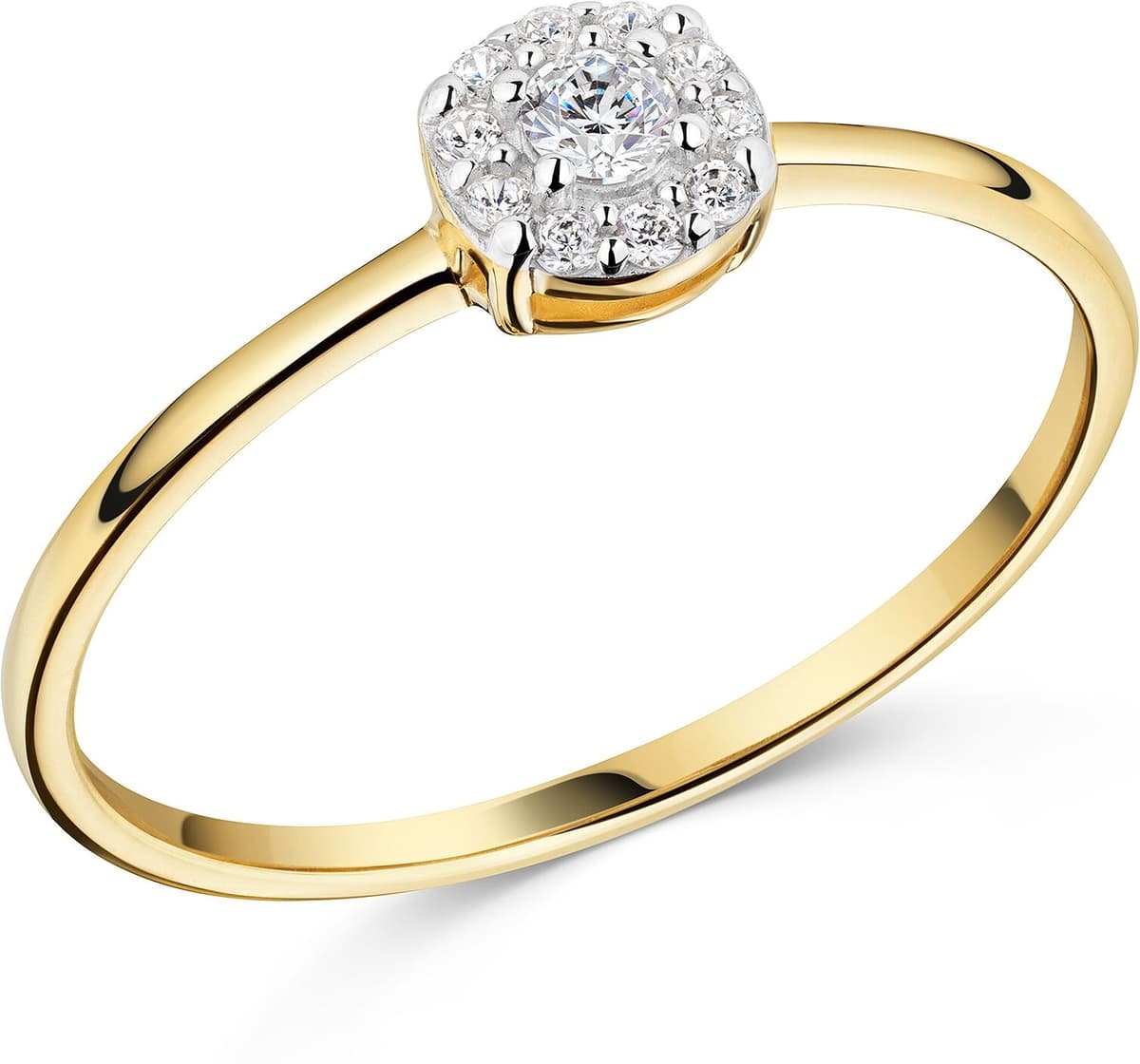 Fingerring "Gelbgold 375 mit Zirkonia in Halo Pavé Design rund" Gr. 52, gold (gelb), FASCINATION BY ELLEN K., Fingerringe, Damen, 052 (16,6), Gold, Fingerring