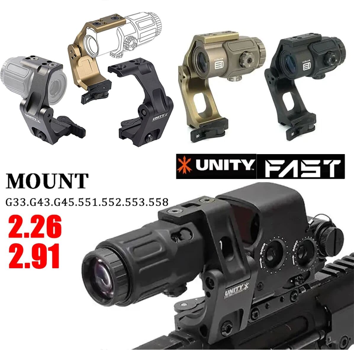 LAMBUL 2.26 2.91 Magnifier Riser Mount Scope Sight Folding Unity Mount Fit G33 G43 G45 for Airsoft Riflescope T01 T02 Red Dot Sight