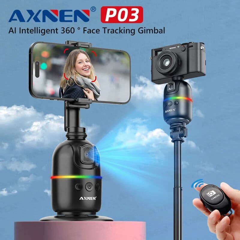 axnen Smart Auto Face Tracking Desktop AI Gimbal for Smartphone & Action Camera 360 Rotation Follow Focus Vlog Kit, Option with Tripod