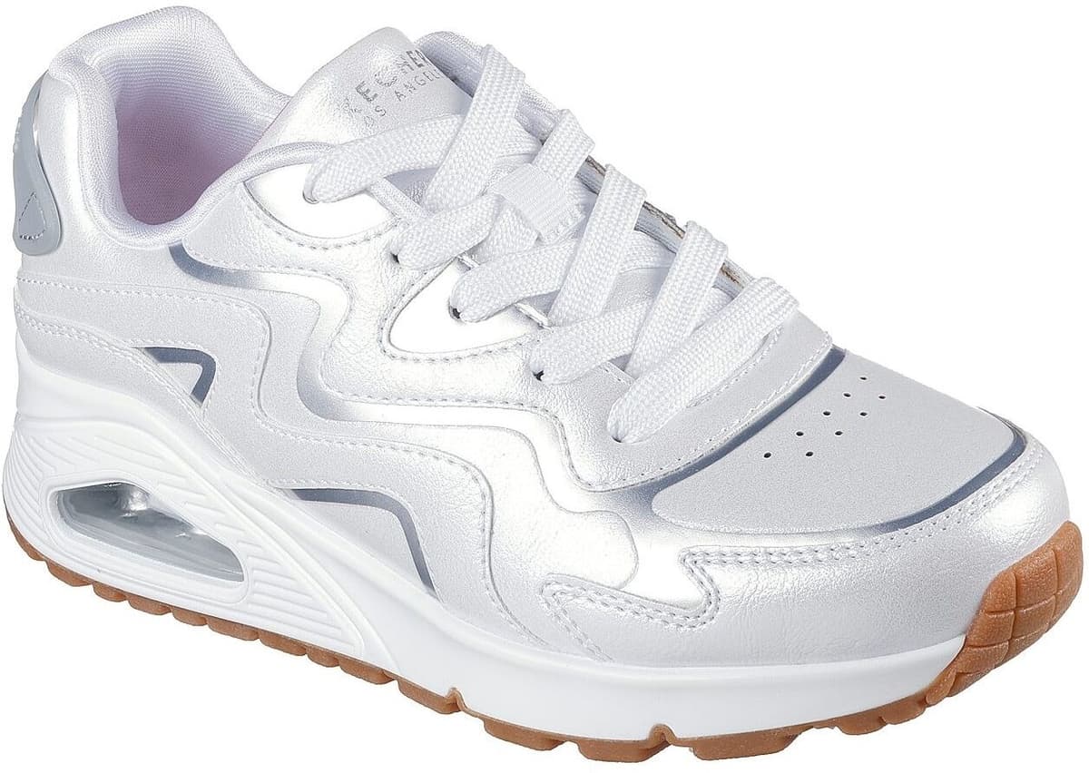 Sneaker SKECHERS "UNO GEN1", Mädchen, Gr. 27, Textil, silber (weiß, silberfarben), Lederimitat, glänzend, Schuhe Sneaker, Schnürschuh mit Memory Foam, Größenschablone zum Download