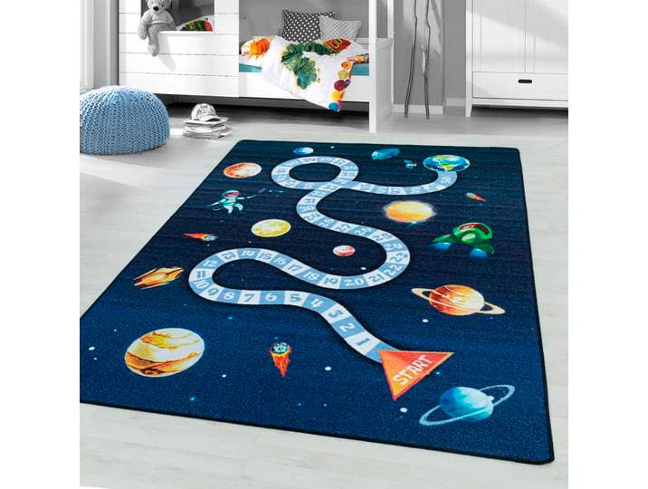 Kinderteppich AYYILDIZ TEPPICHE PLAY 2910 , blau (navy), B:80cm H:6mm L:120cm, Polyamid, Teppiche, Kinderteppich, robuster Kurzflor, Weltall, Zahlen Spiele Hüpf Teppich, Kinderzimmer